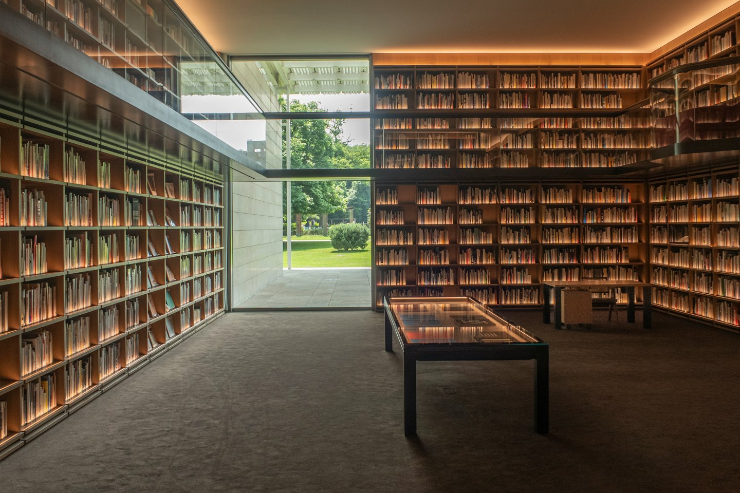 Moderna biblioteca con scaffali in legno e porta in vetro che dà su un prato.